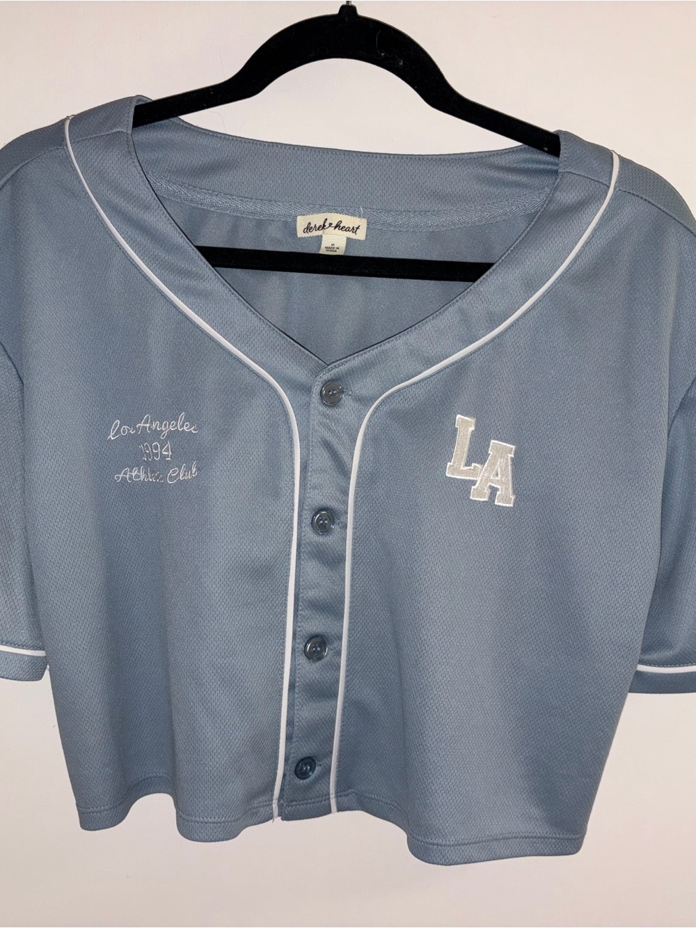 LA Embroidered Cropped Baseball Jersey in Dusty Blue